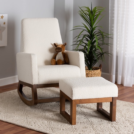 Baxton Studio Yashiya OffWhite Boucle Upholstered Walnut Brown Finished Wood Rocking ChairOttoman Set 2PC 225-12925-12926-ZORO